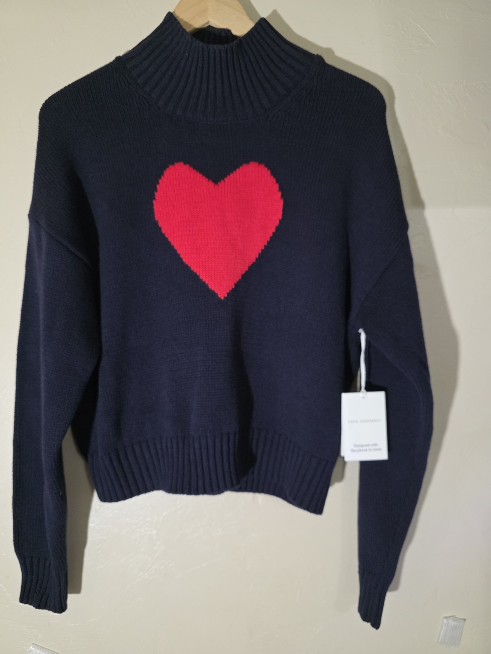 Women's Navy Mock Neck Sweater with Red Heart Motif